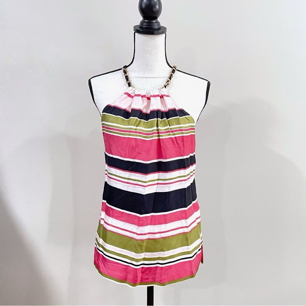 Milly New York Silk Sleeveless Blouse Gold Chain Neckline Multicolor, Women Sz 2